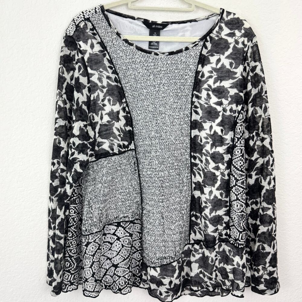 Ali Miles Womens Long Sleeve Blouse Top Size 1X Mixed Media Floral Sheer Black